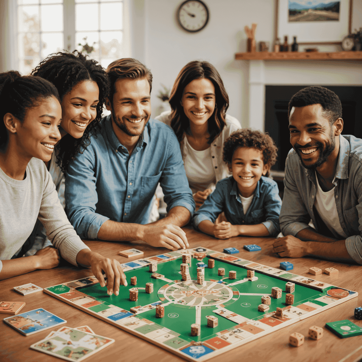 Cinco juegos de mesa familiares dispuestos en una mesa con una familia sonriente jugando en el fondo