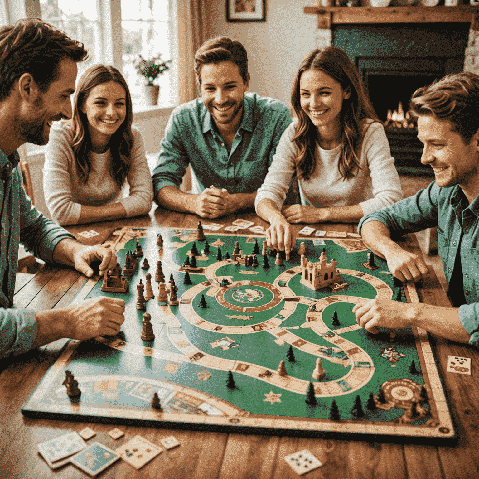 Imagen de varios juegos de mesa familiares populares dispuestos en una mesa de madera con una familia sonriente jugando en el fondo