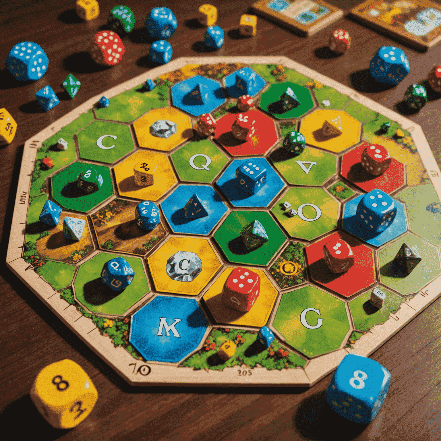 Tablero de Catan con fichas de colores brillantes y dados holográficos
