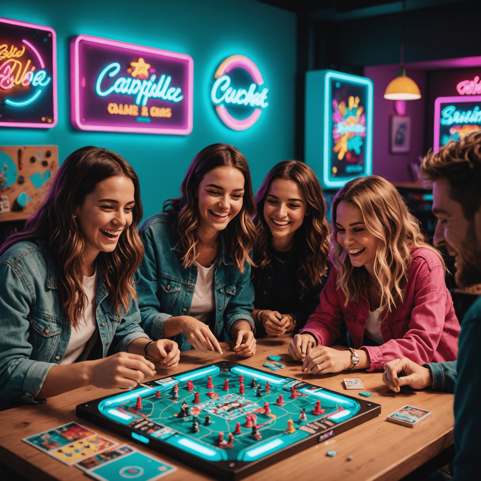 Una mesa llena de juegos de mesa coloridos con amigos riendo y jugando, iluminada con luces de neón rosa y turquesa