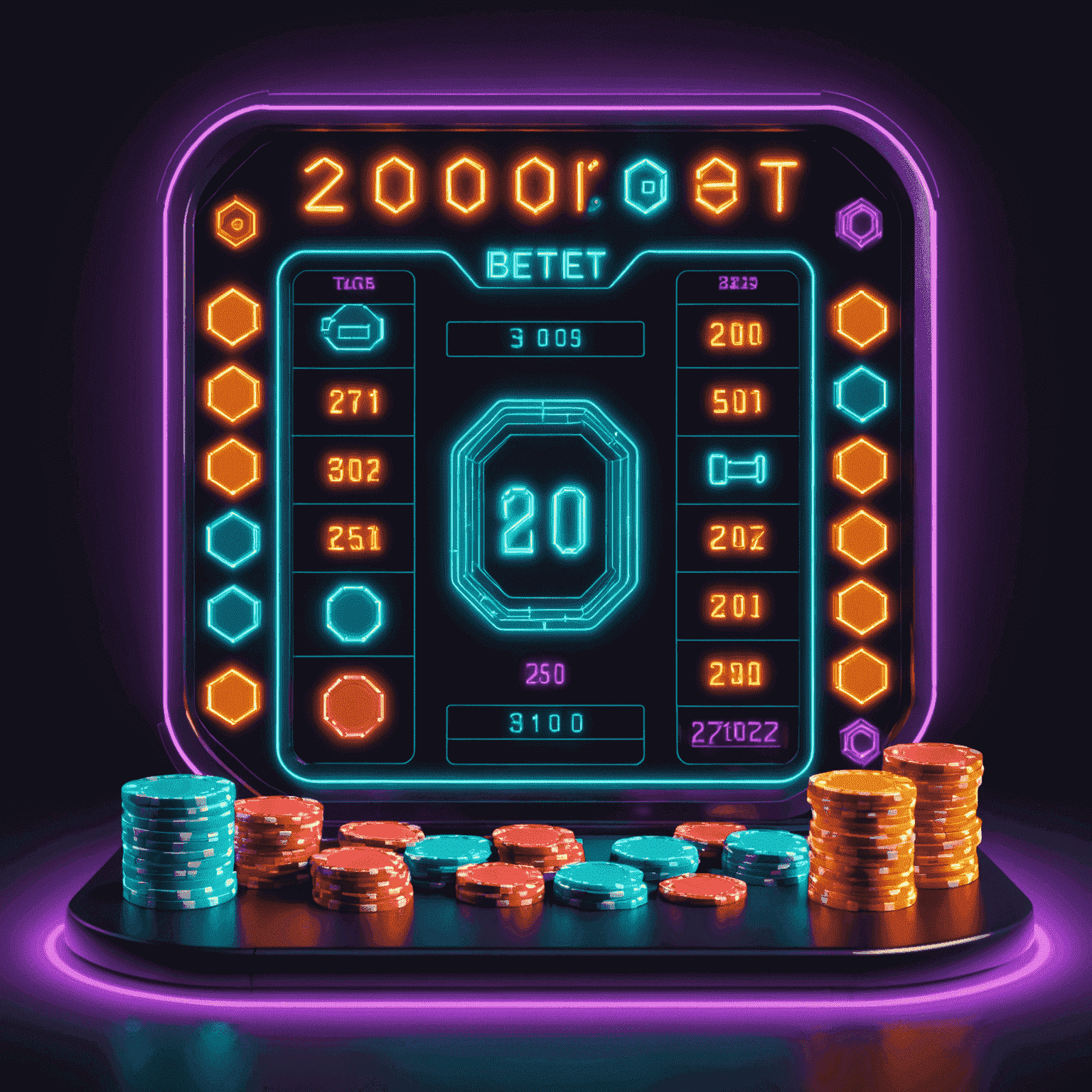 Imagen conceptual de 20bet mostrando el tablero de juego con fichas futuristas y un fondo de neón