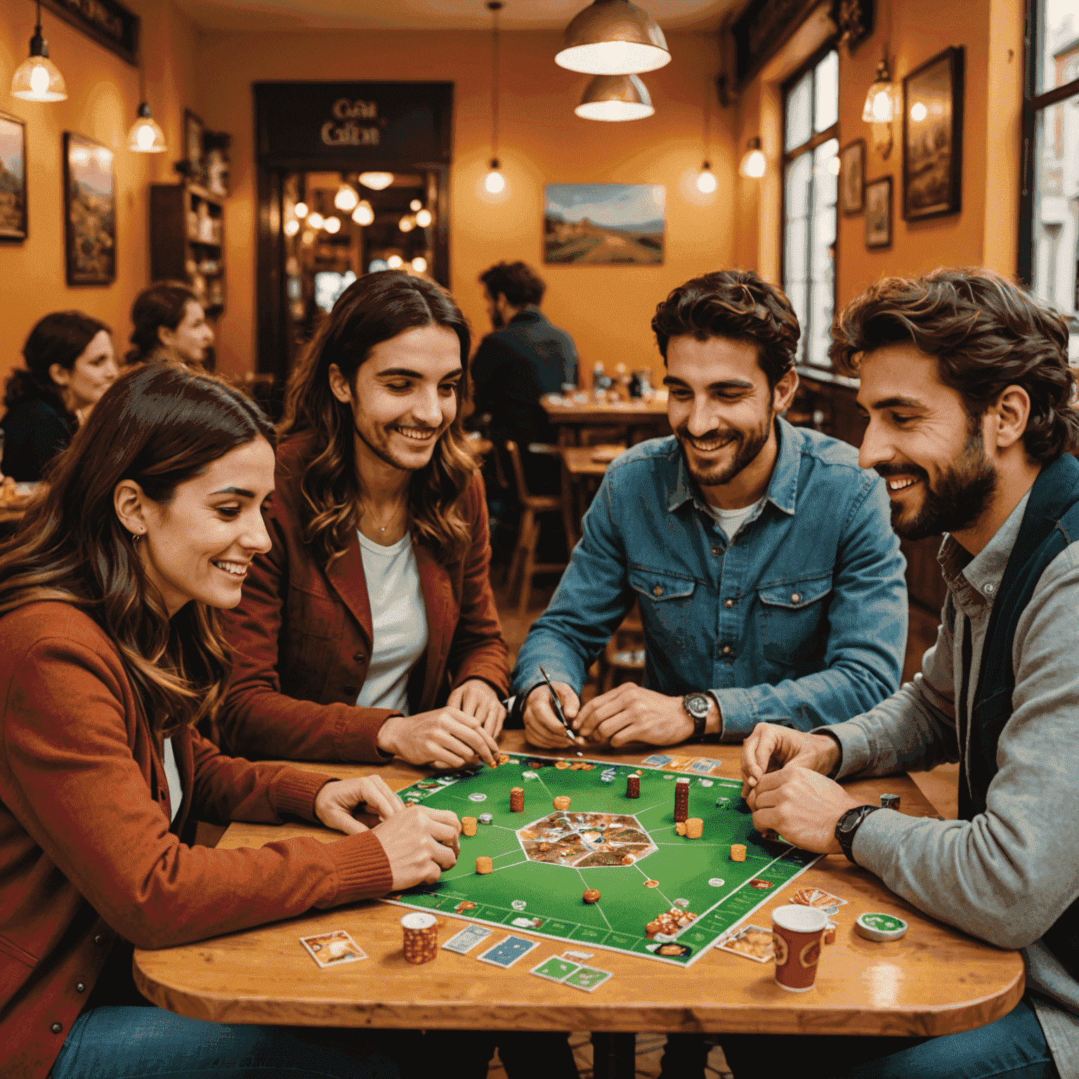 Grupo de amigos españoles jugando a juegos de mesa populares como Catan, Carcassonne y Ticket to Ride en un café acogedor de Madrid