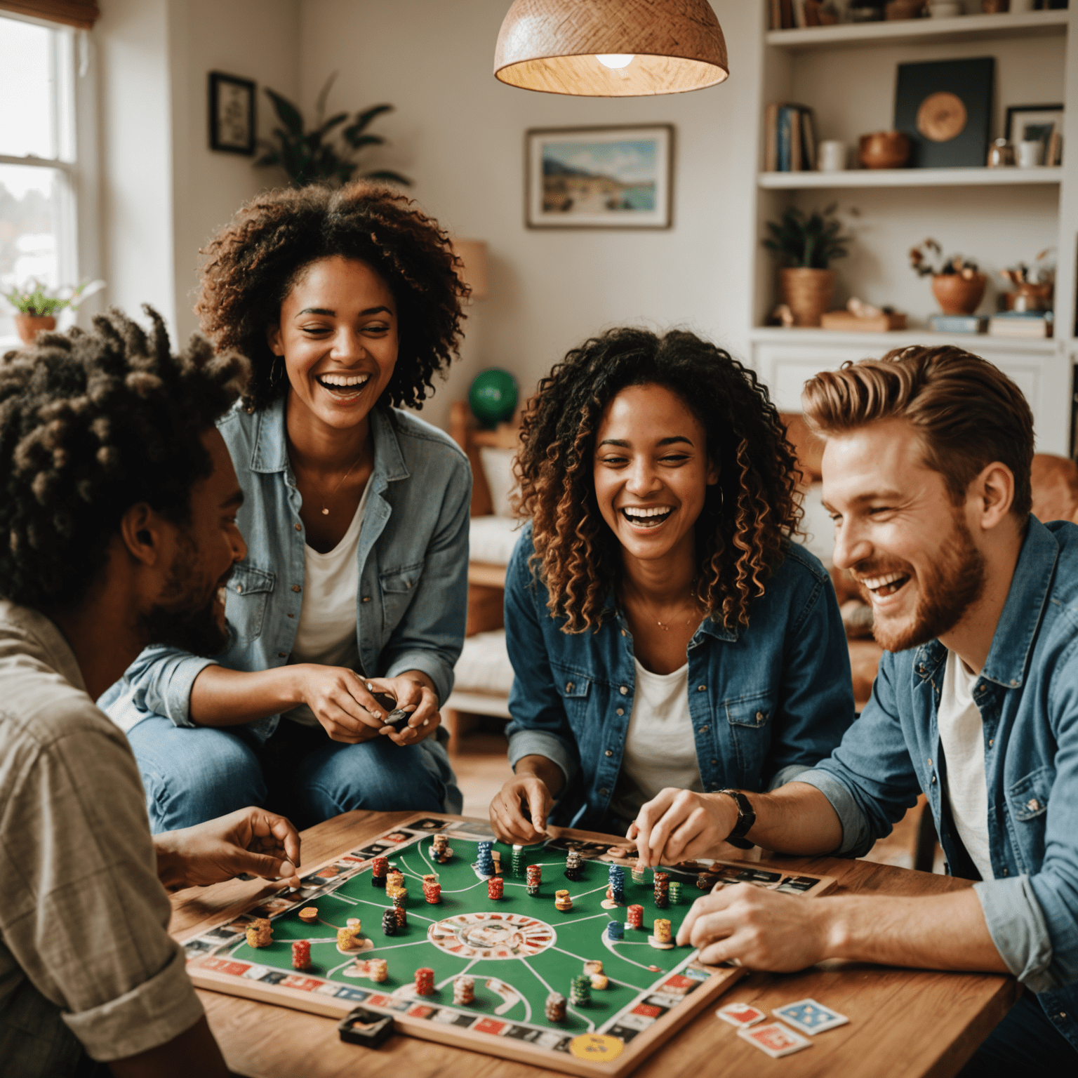 Grupo de amigos riendo y jugando juegos de mesa en una sala decorada para una fiesta