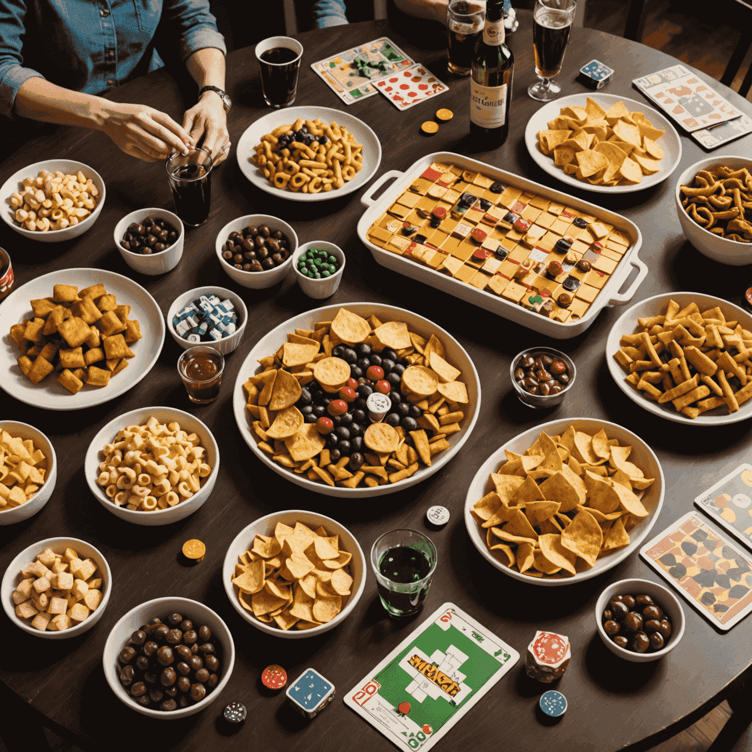 Imagen de una mesa preparada para una fiesta de juegos de mesa con snacks, bebidas y varios juegos dispuestos, incluyendo 20bet
