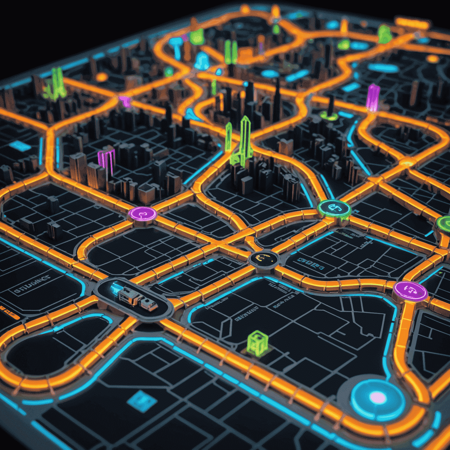 Mapa de Ticket to Ride con trenes neón y ciudades brillantes