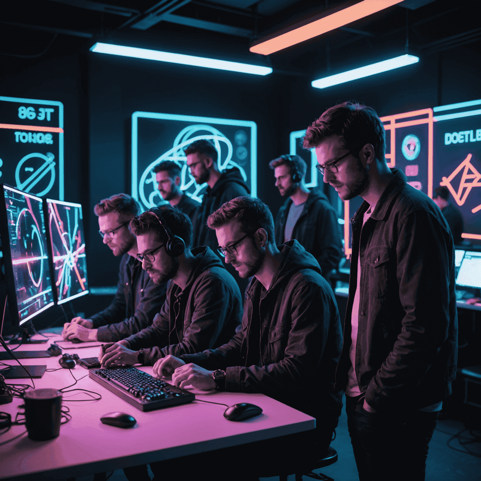 Equipo de desarrollo de 20bet trabajando en prototipos del juego en un estudio iluminado con luces de neón