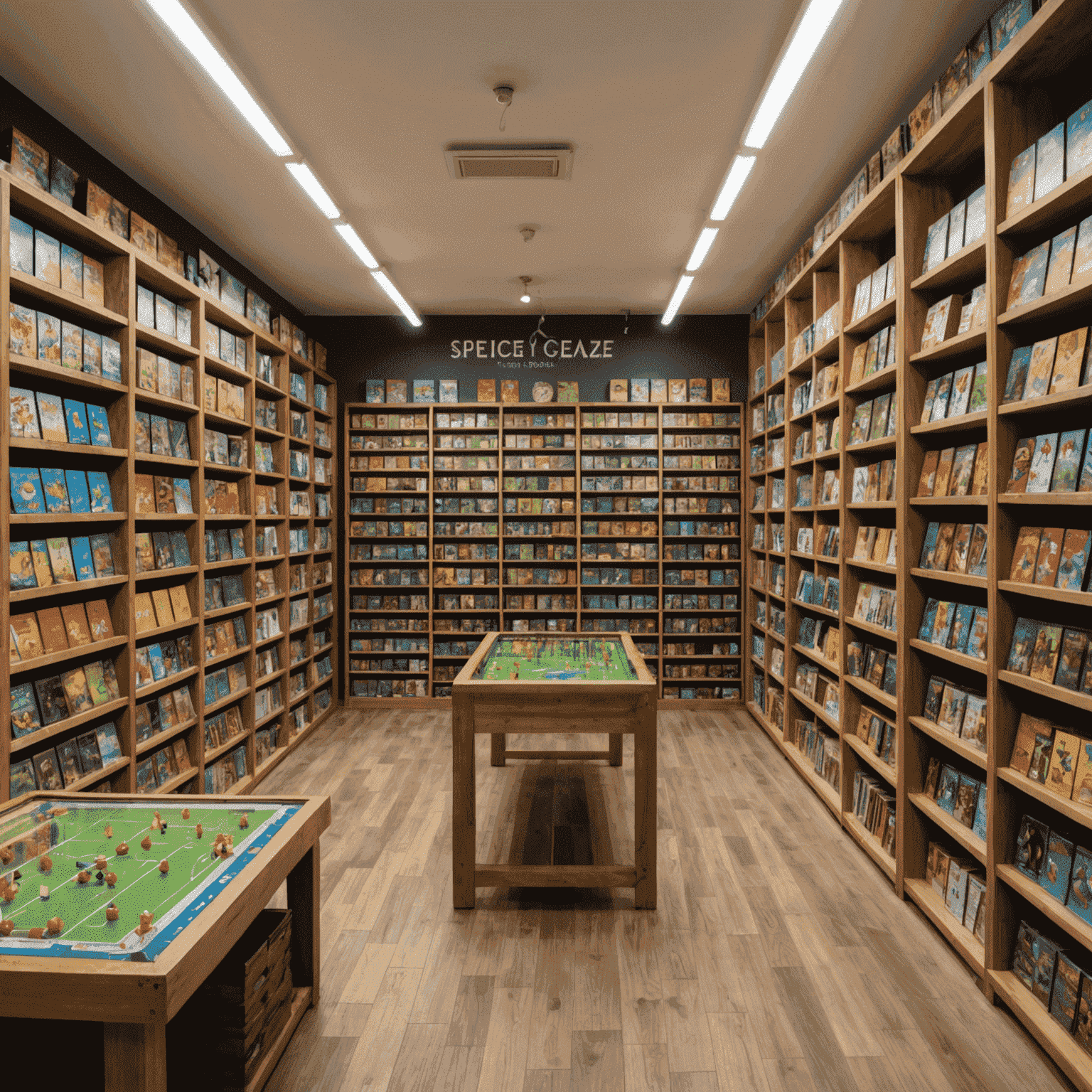 Tienda especializada en juegos de mesa en Barcelona, con estanterías llenas de juegos coloridos y mesas de demostración donde los clientes prueban nuevos juegos
