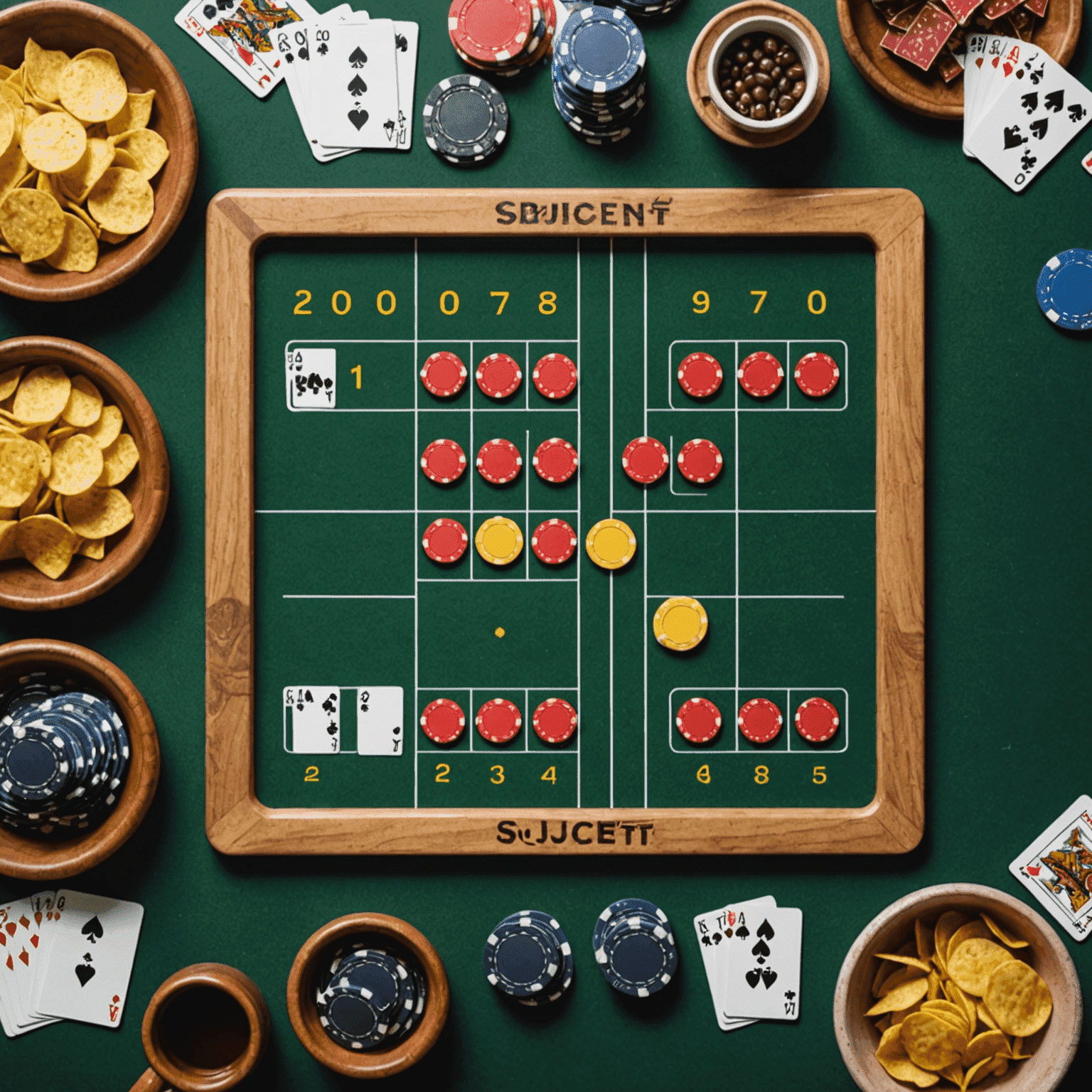 Tablero de 20bet con fichas y cartas dispuestas de manera estratégica, mostrando diferentes tácticas en juego