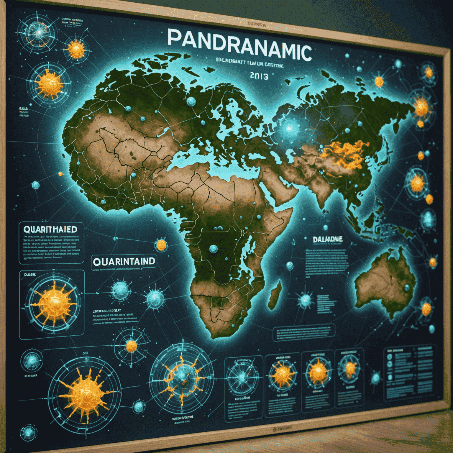 Tablero de Pandemic con hologramas de virus y ciudades en cuarentena