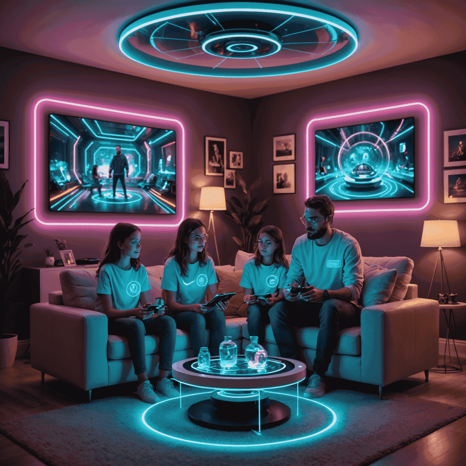 Familia jugando 20bet en una sala de estar futurista con hologramas y efectos de luz de neón