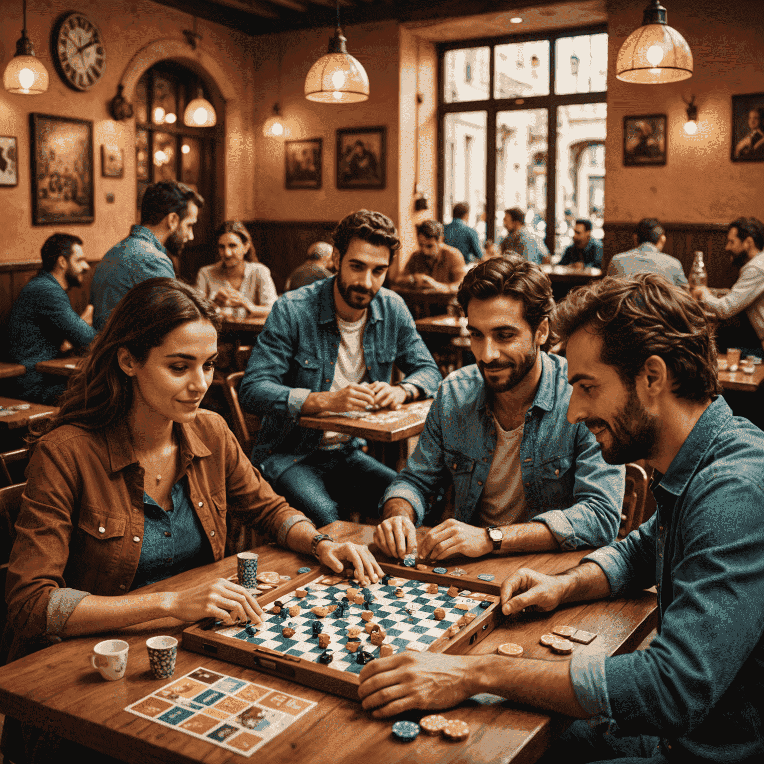 Imagen de un grupo diverso de españoles jugando juegos de mesa en un café de Barcelona, con 20bet visible entre los juegos