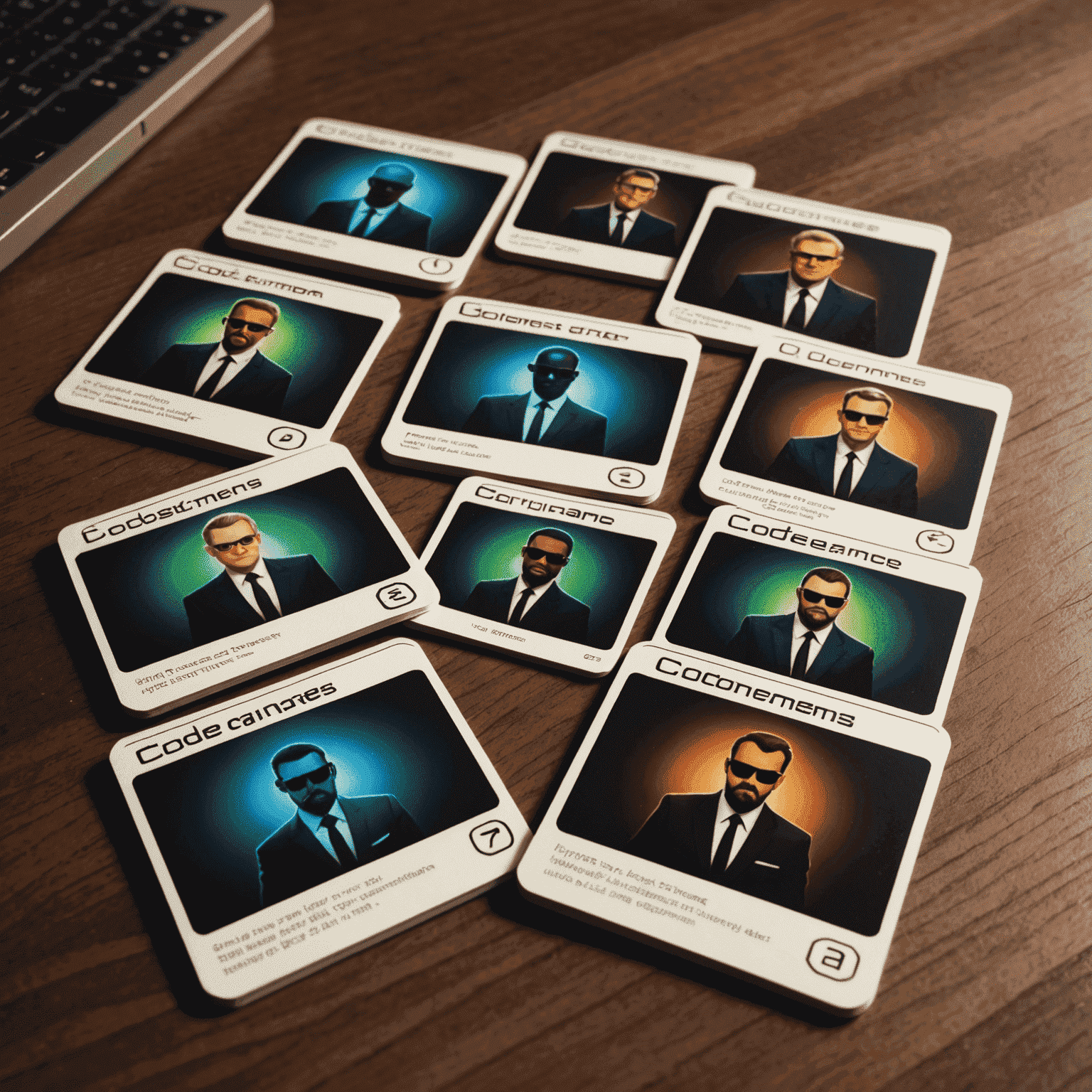 Cartas de Codenames con palabras que brillan y agentes secretos pixelados