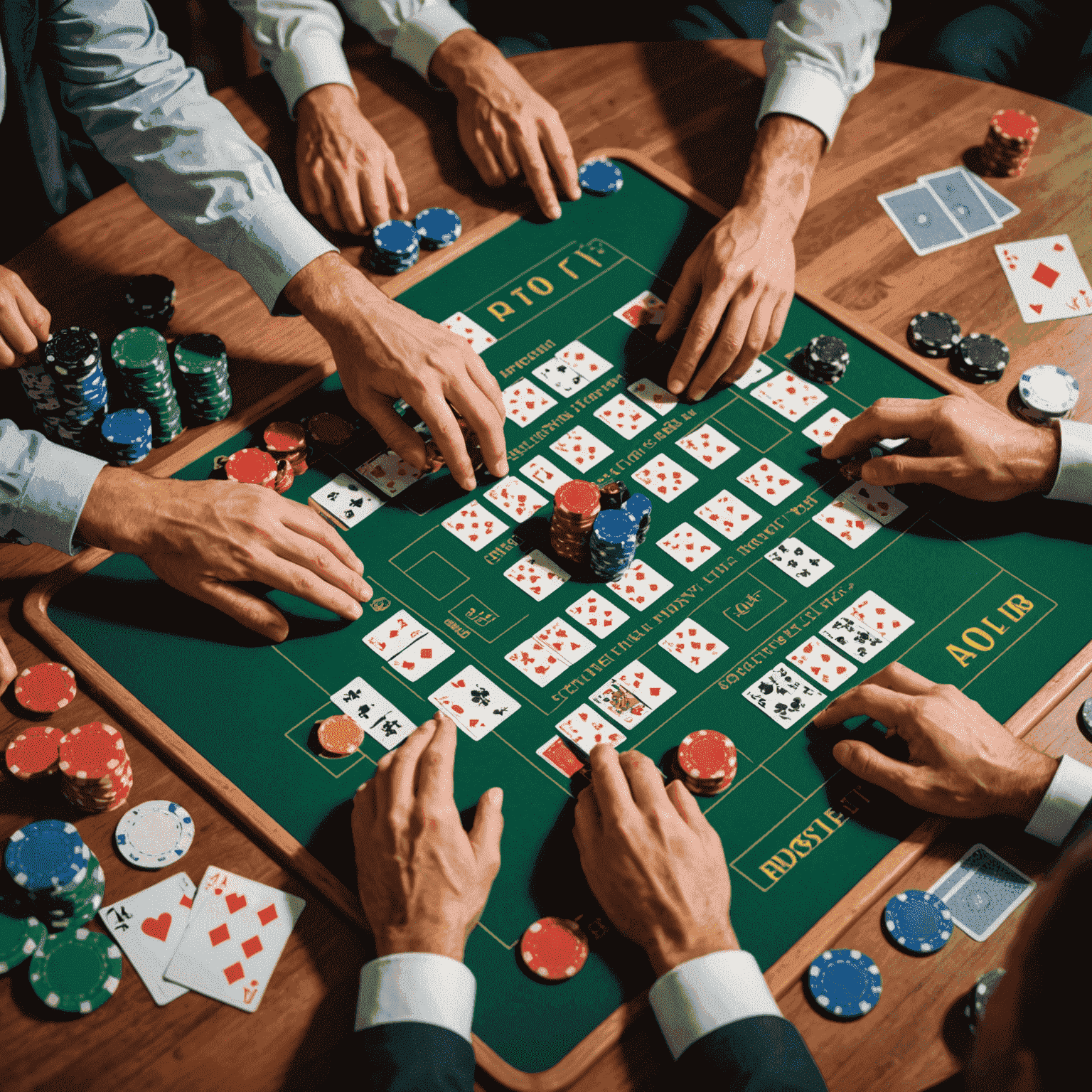 Imagen de un tablero de 20bet con fichas y cartas dispuestas estratégicamente, con manos de jugadores visibles alrededor